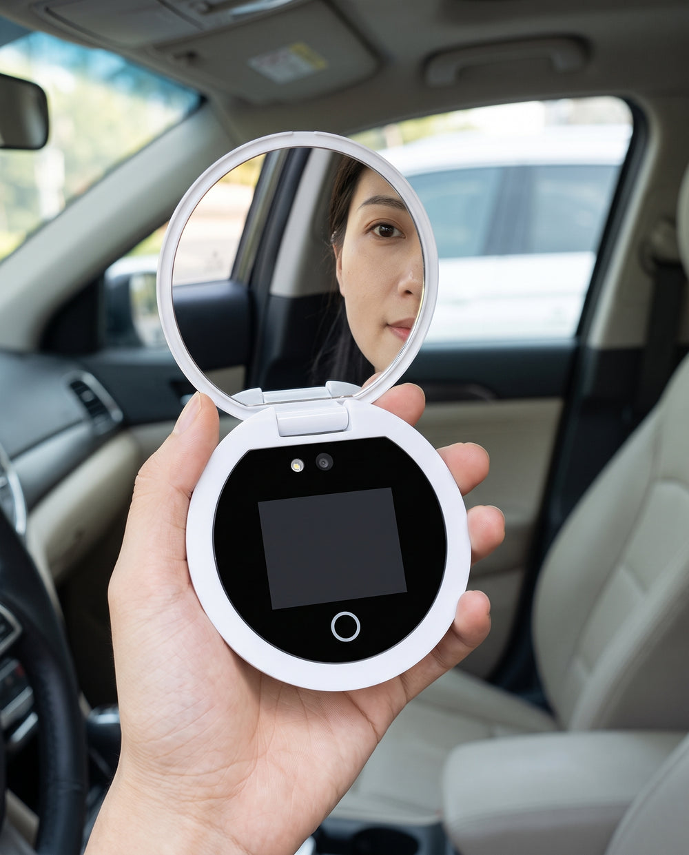 SPF Check UV Camera Mirror used during a parked-car sunscreen routine
