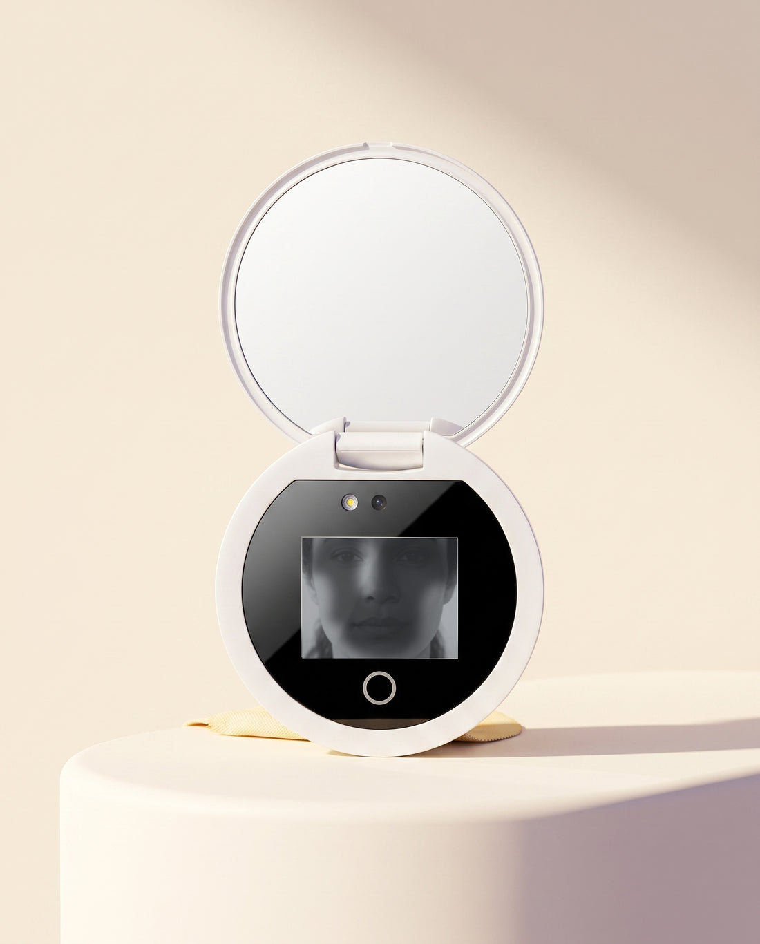 SPF Check UV Camera Mirror on a warm ivory studio set with UV face coverage live screen and smooth missed areas