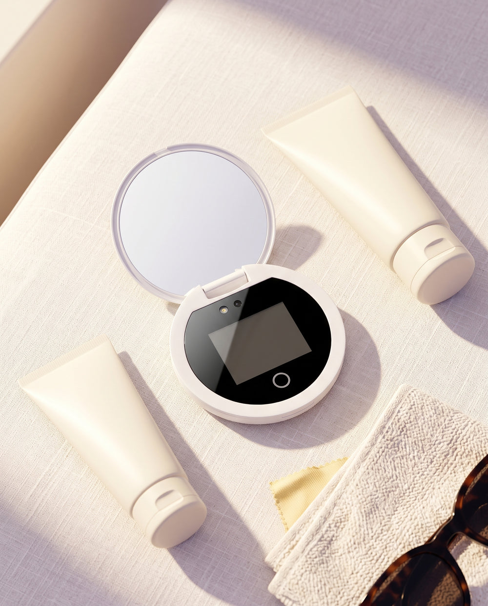 White fold-open SPF Check UV Camera Mirror with built-in display